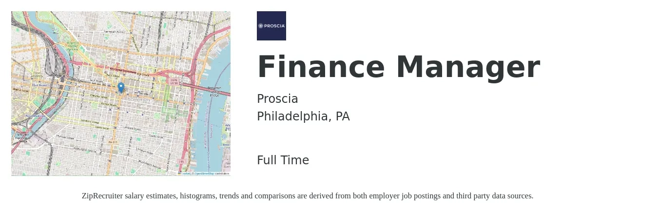 Proscia job posting for a Finance Manager in Philadelphia, PA with a salary of $90,300 to $160,600 Yearly with a map of Philadelphia location.