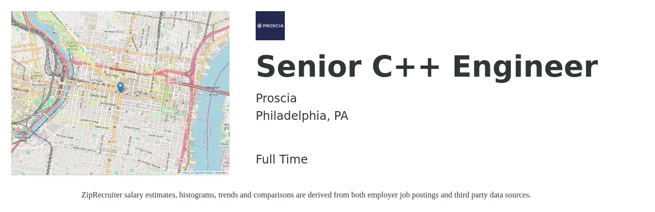 Proscia job posting for a Senior C++ Engineer in Philadelphia, PA with a salary of $114,700 to $175,400 Yearly with a map of Philadelphia location.