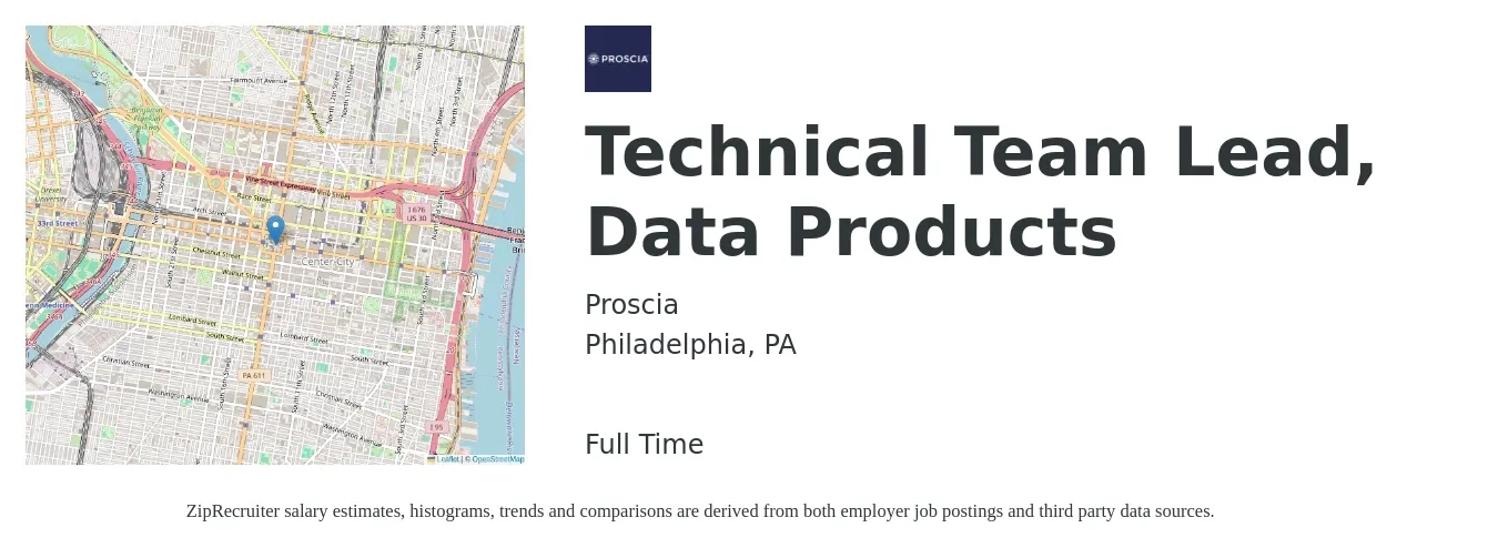 Proscia job posting for a Technical Team Lead, Data Products in Philadelphia, PA with a salary of $110,900 to $195,900 Yearly with a map of Philadelphia location.