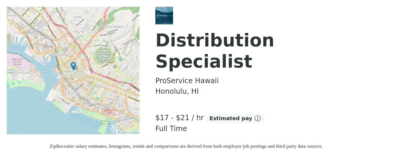 ProService Hawaii job posting for a Distribution Specialist in Honolulu, HI with a salary of $18 to $22 Hourly with a map of Honolulu location.