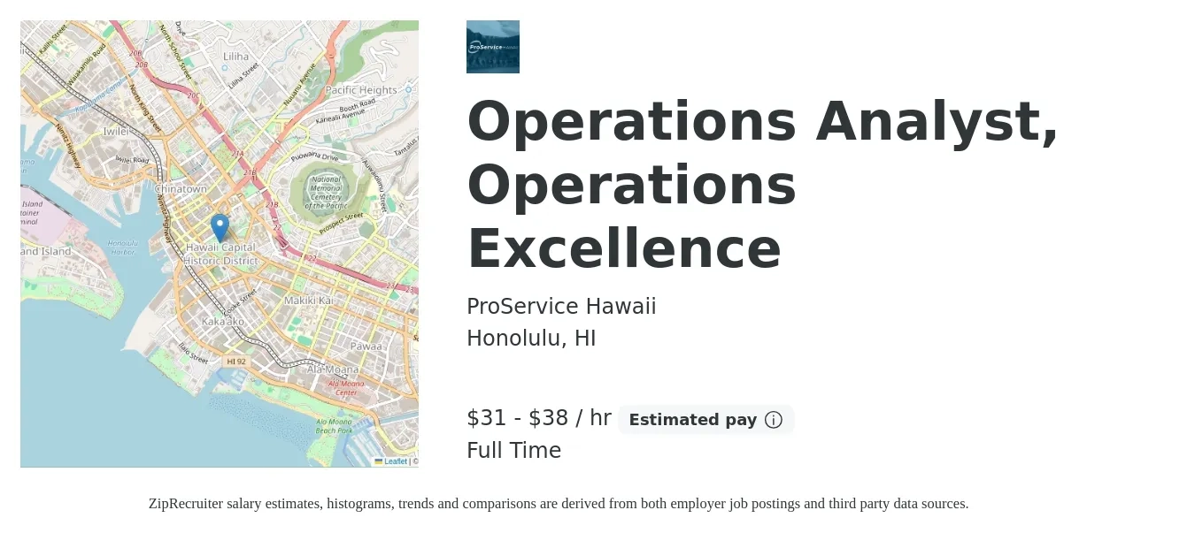 ProService Hawaii job posting for a Operations Analyst, Operations Excellence in Honolulu, HI with a salary of $68,000 to $83,000 Yearly with a map of Honolulu location.