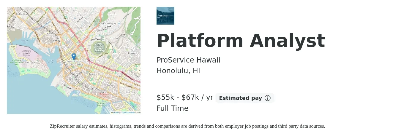 ProService Hawaii job posting for a Platform Analyst in Honolulu, HI with a salary of $55,000 to $67,000 Yearly with a map of Honolulu location.