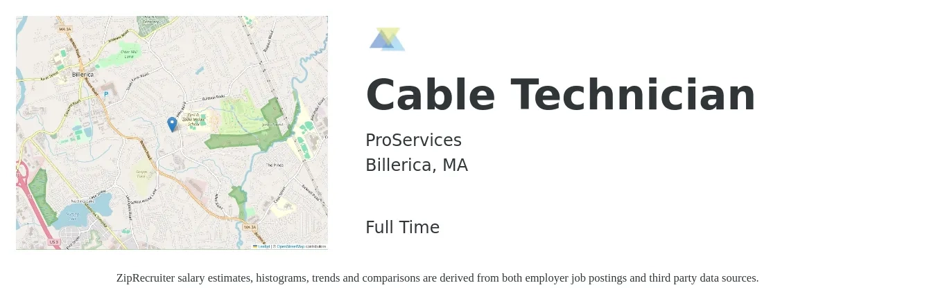 ProServices job posting for a Cable Technician in Billerica, MA with a salary of $21 to $27 Hourly with a map of Billerica location.