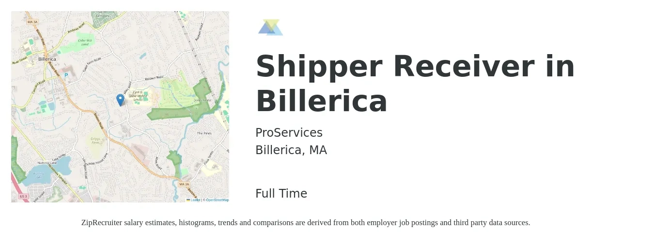 ProServices job posting for a Shipper Receiver in Billerica in Billerica, MA with a salary of $25 to $29 Hourly with a map of Billerica location.