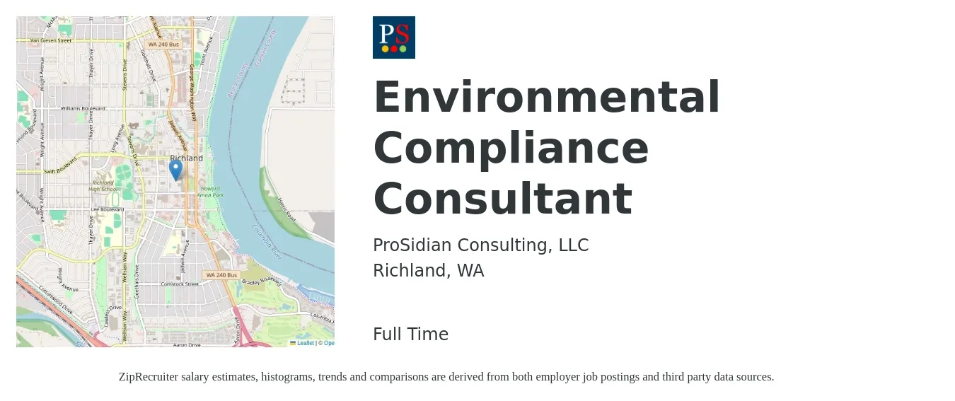 ProSidian Consulting, LLC job posting for a Environmental Compliance Consultant in Richland, WA with a salary of $39,200 to $62,200 Yearly with a map of Richland location.