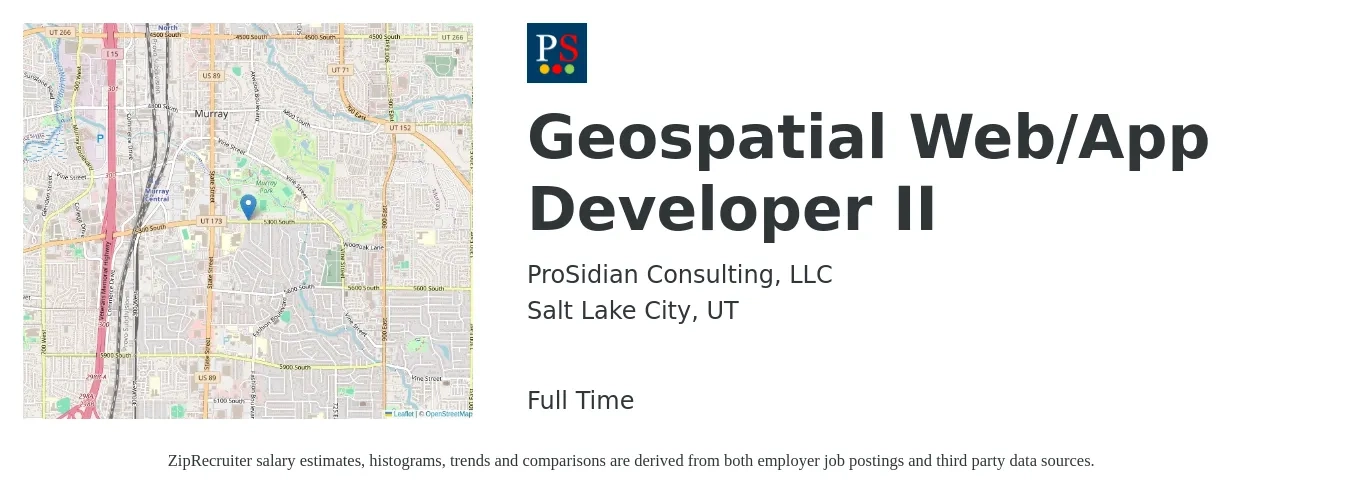 ProSidian Consulting, LLC job posting for a Geospatial Web/App Developer II in Salt Lake City, UT with a salary of $77,800 to $117,700 Yearly with a map of Salt Lake City location.