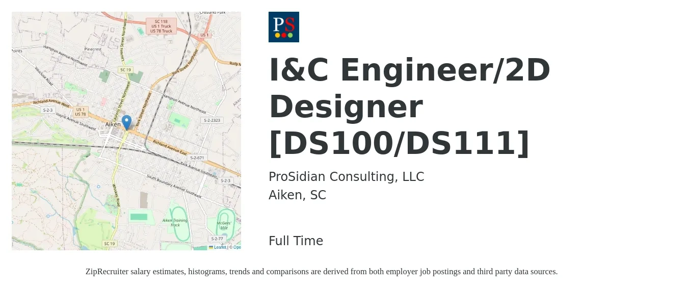 ProSidian Consulting, LLC job posting for a I&C Engineer/2D Designer [DS100/DS111] in Aiken, SC with a salary of $57,900 to $83,800 Yearly with a map of Aiken location.