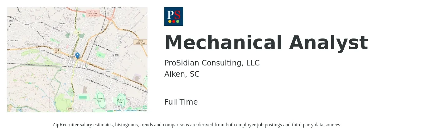 ProSidian Consulting, LLC job posting for a Mechanical Analyst in Aiken, SC with a salary of $21 to $30 Hourly with a map of Aiken location.