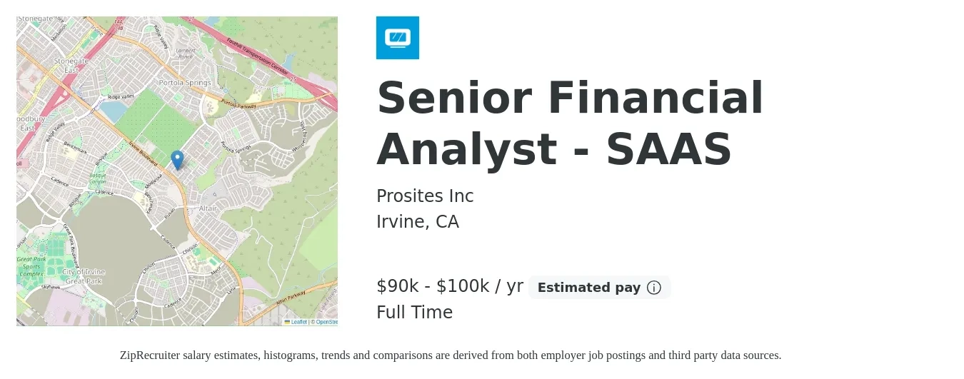 Prosites Inc job posting for a Senior Financial Analyst - SAAS in Irvine, CA with a salary of $90,000 to $100,000 Yearly with a map of Irvine location.
