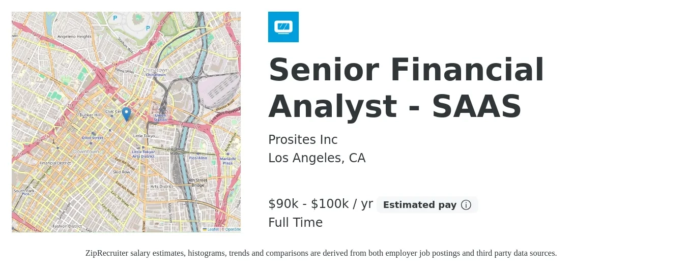 Prosites Inc job posting for a Senior Financial Analyst - SAAS in Los Angeles, CA with a salary of $90,000 to $100,000 Yearly with a map of Los Angeles location.