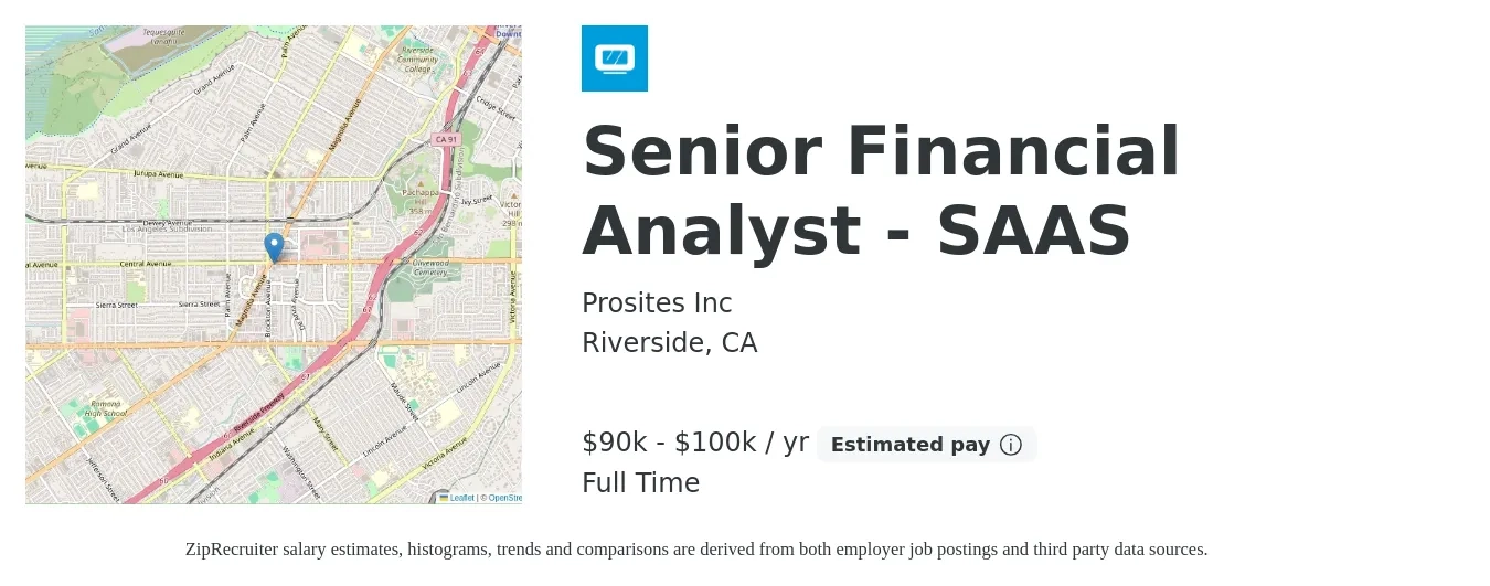 Prosites Inc job posting for a Senior Financial Analyst - SAAS in Riverside, CA with a salary of $90,000 to $100,000 Yearly with a map of Riverside location.