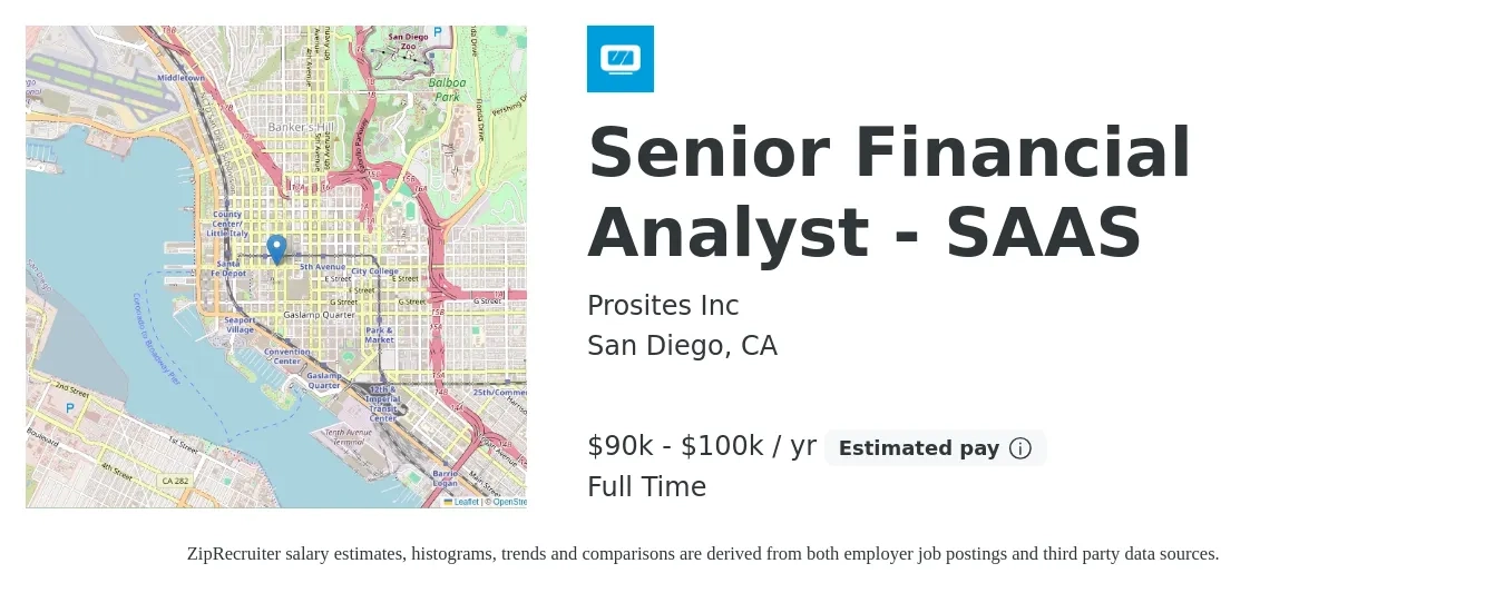 Prosites Inc job posting for a Senior Financial Analyst - SAAS in San Diego, CA with a salary of $90,000 to $100,000 Yearly with a map of San Diego location.