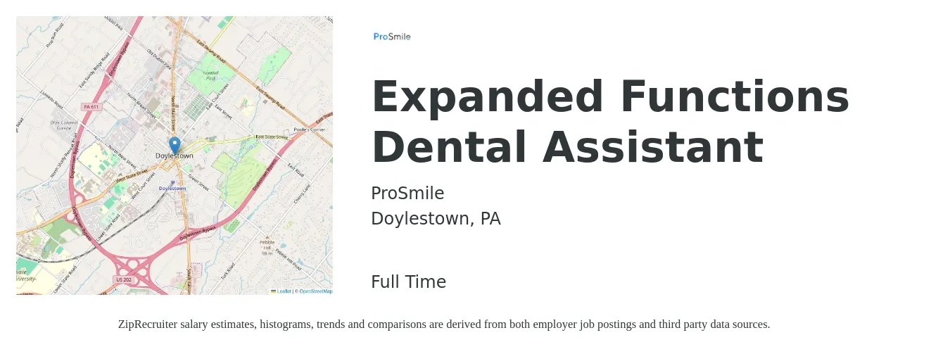 ProSmile job posting for a Expanded Functions Dental Assistant in Doylestown, PA with a salary of $20 to $25 Hourly with a map of Doylestown location.