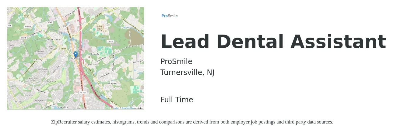 ProSmile job posting for a Lead Dental Assistant in Turnersville, NJ with a salary of $20 to $26 Hourly with a map of Turnersville location.