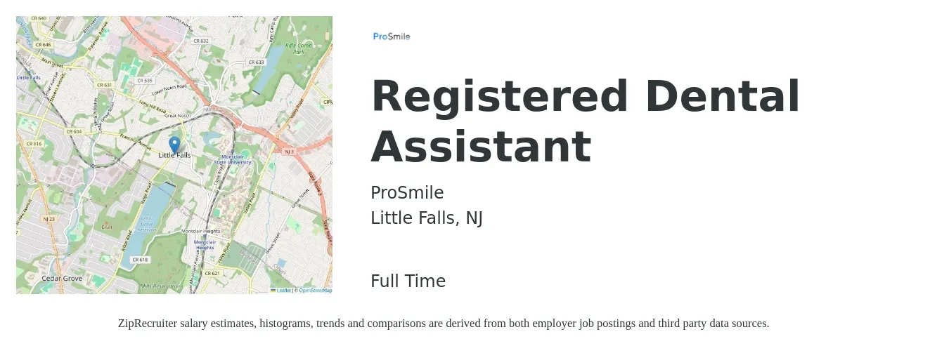 ProSmile job posting for a Registered Dental Assistant in Little Falls, NJ with a salary of $32 Hourly with a map of Little Falls location.