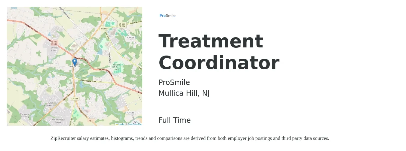 ProSmile job posting for a Treatment Coordinator in Mullica Hill, NJ with a salary of $20 to $26 Hourly with a map of Mullica Hill location.