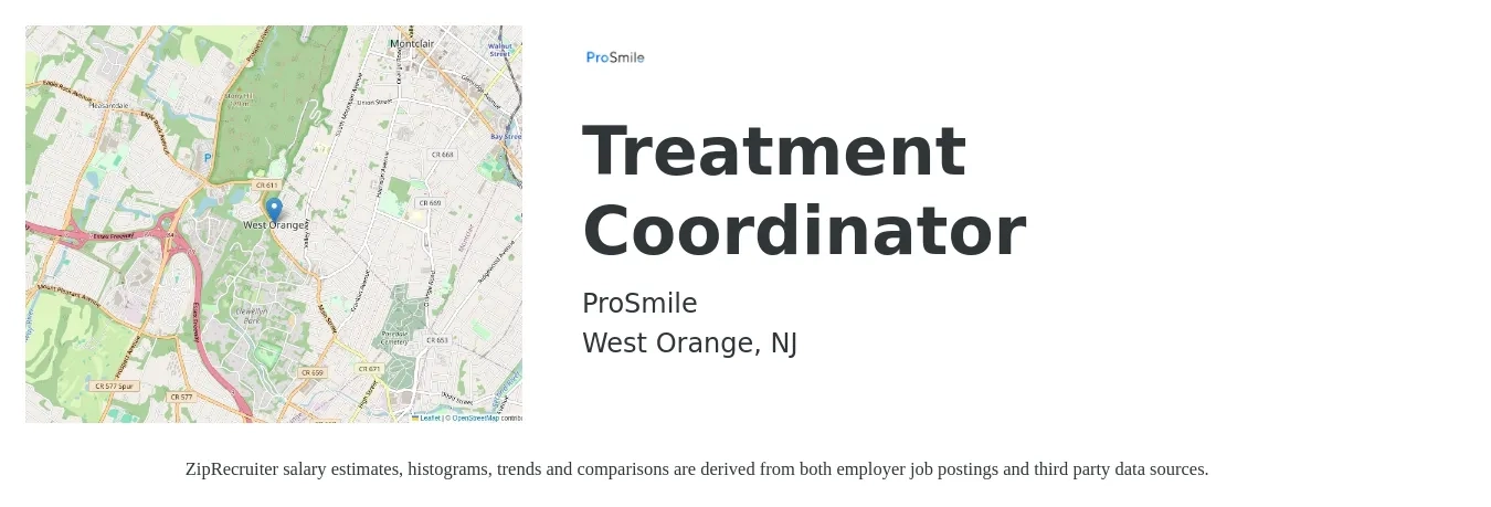 ProSmile job posting for a Treatment Coordinator in West Orange, NJ with a salary of $20 to $26 Hourly with a map of West Orange location.
