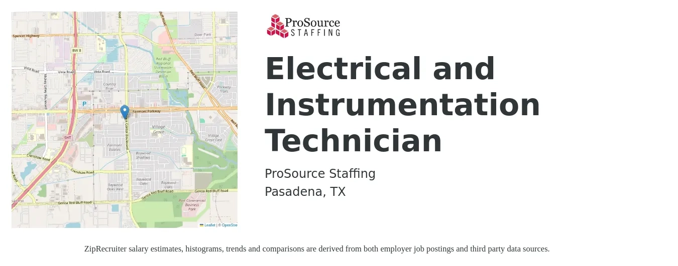 ProSource Staffing job posting for a Electrical and Instrumentation Technician in Pasadena, TX with a salary of $28 to $38 Hourly and benefits including medical with a map of Pasadena location.