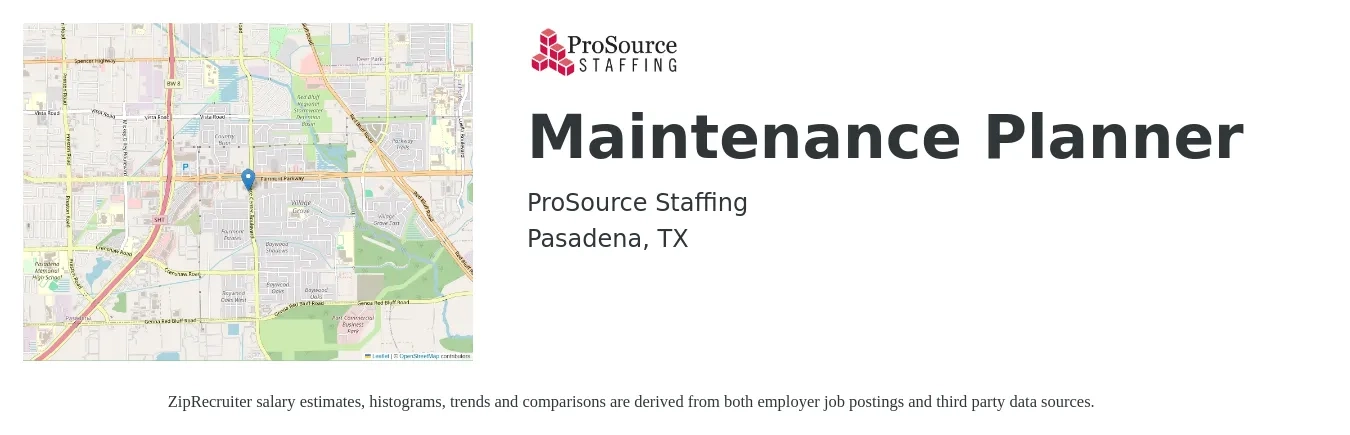 ProSource Staffing job posting for a Maintenance Planner in Pasadena, TX with a salary of $25 to $38 Hourly with a map of Pasadena location.