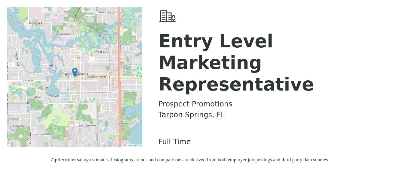 Prospect Promotions job posting for a Entry Level Marketing Representative in Tarpon Springs, FL with a salary of $36,900 to $45,500 Yearly with a map of Tarpon Springs location.