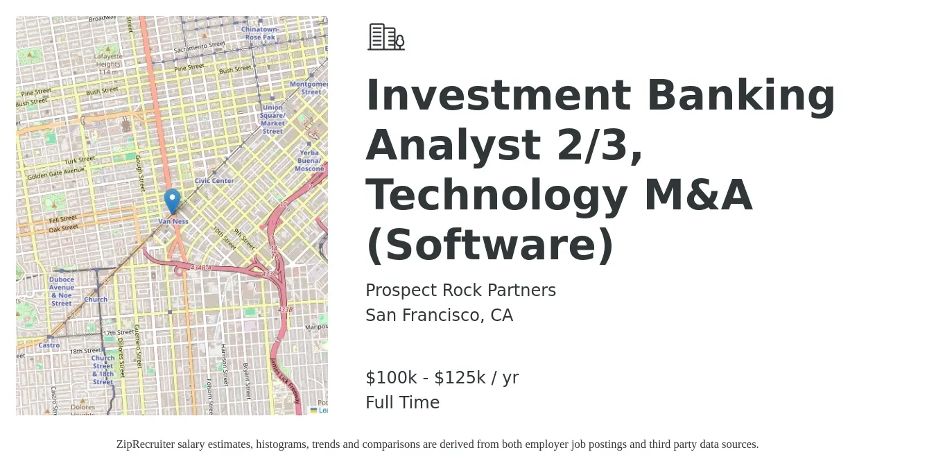Prospect Rock Partners job posting for a Investment Banking Analyst 2/3, Technology M&A (Software) in San Francisco, CA with a salary of $100,000 to $125,000 Yearly with a map of San Francisco location.