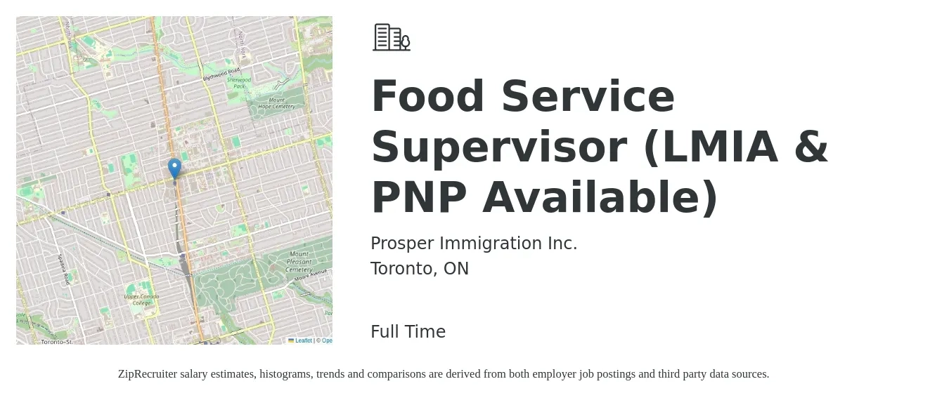 Prosper Immigration Inc. job posting for a Food Service Supervisor (LMIA & PNP Available) in Toronto, ON with a salary of $18 Hourly with a map of Toronto location.