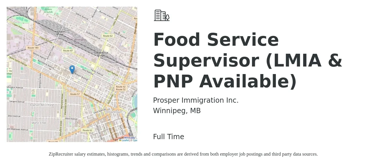 Prosper Immigration Inc. job posting for a Food Service Supervisor (LMIA & PNP Available) in Winnipeg, MB with a salary of $18 Hourly with a map of Winnipeg location.