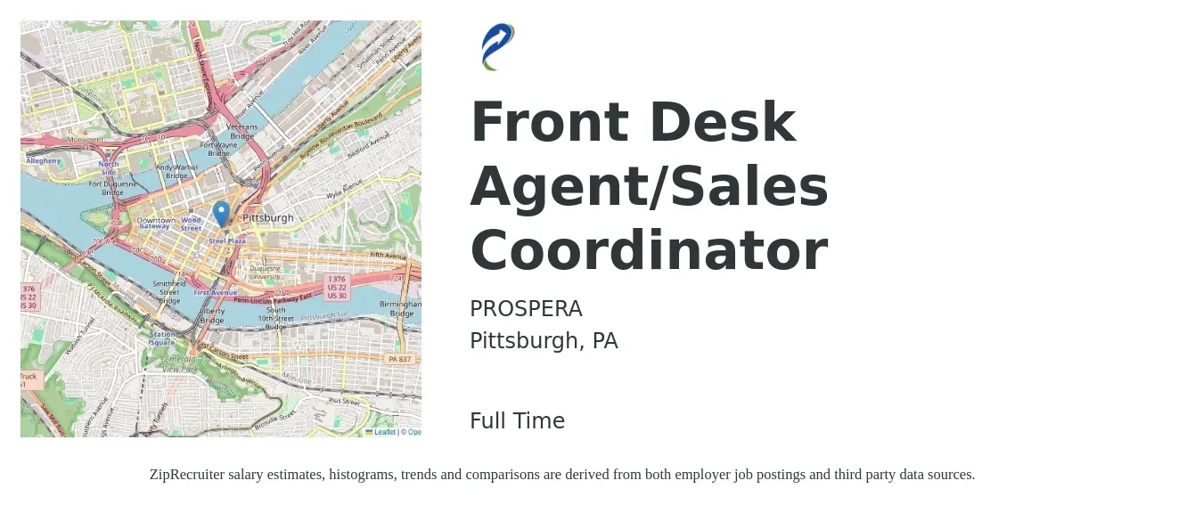PROSPERA job posting for a Front Desk Agent/Sales Coordinator in Pittsburgh, PA with a salary of $14 to $18 Hourly with a map of Pittsburgh location.