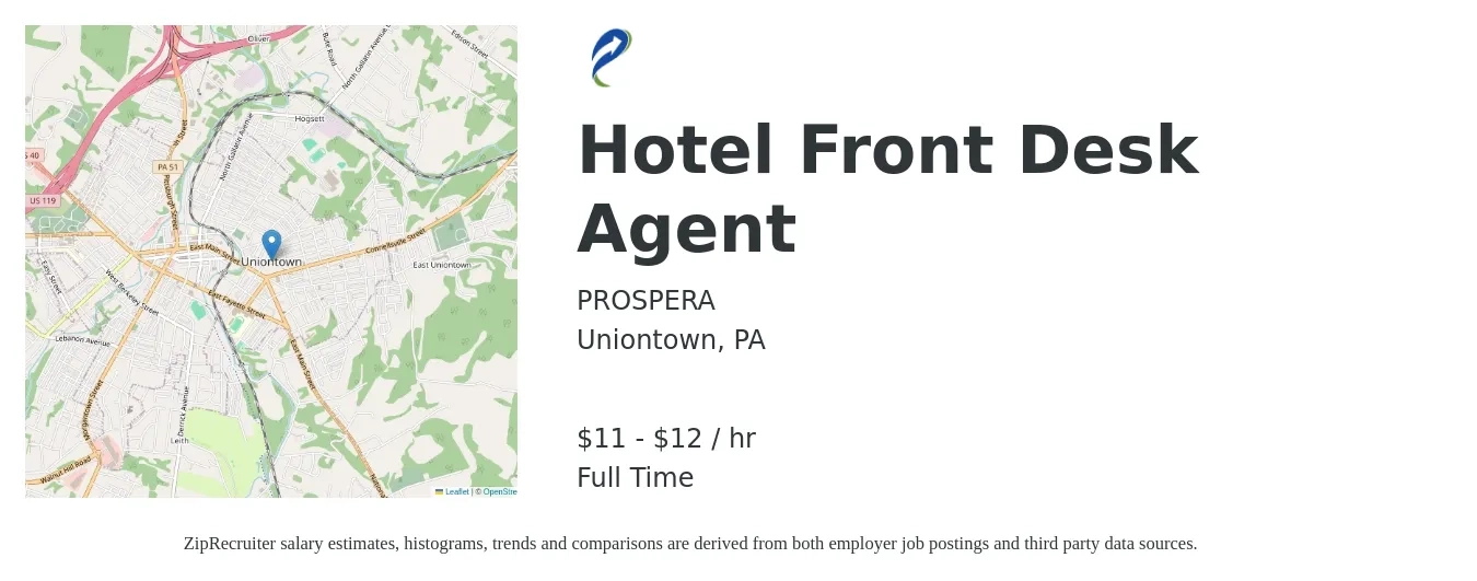 PROSPERA job posting for a Hotel Front Desk Agent in Uniontown, PA with a salary of $12 to $13 Hourly with a map of Uniontown location.
