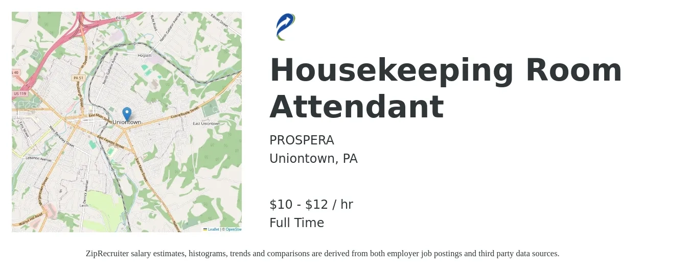 PROSPERA job posting for a Housekeeping Room Attendant in Uniontown, PA with a salary of $11 to $13 Hourly with a map of Uniontown location.