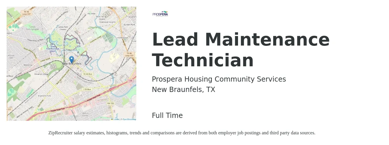 Prospera Housing Community Services job posting for a Lead Maintenance Technician in New Braunfels, TX with a salary of $20 to $28 Hourly with a map of New Braunfels location.
