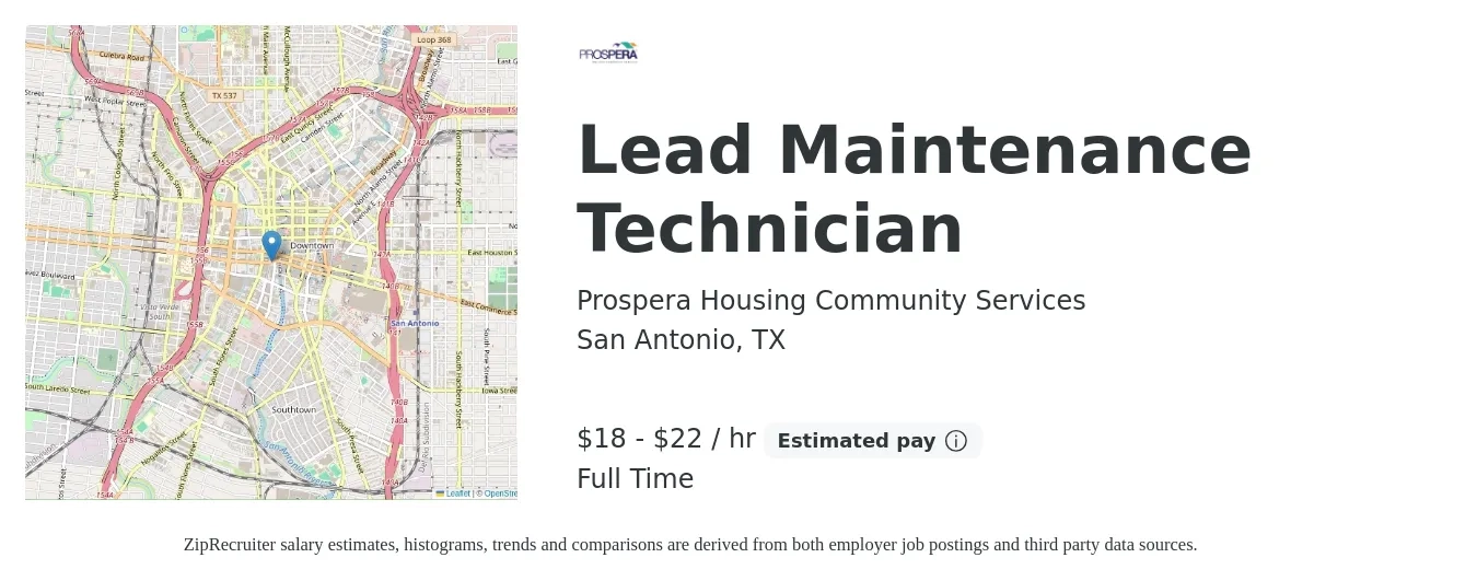 Prospera Housing Community Services job posting for a Lead Maintenance Technician in San Antonio, TX with a salary of $19 to $23 Hourly with a map of San Antonio location.