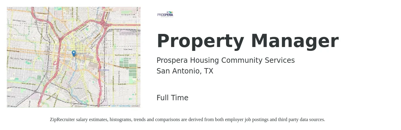 Prospera Housing Community Services job posting for a Property Manager in San Antonio, TX with a salary of $26 to $27 Hourly with a map of San Antonio location.