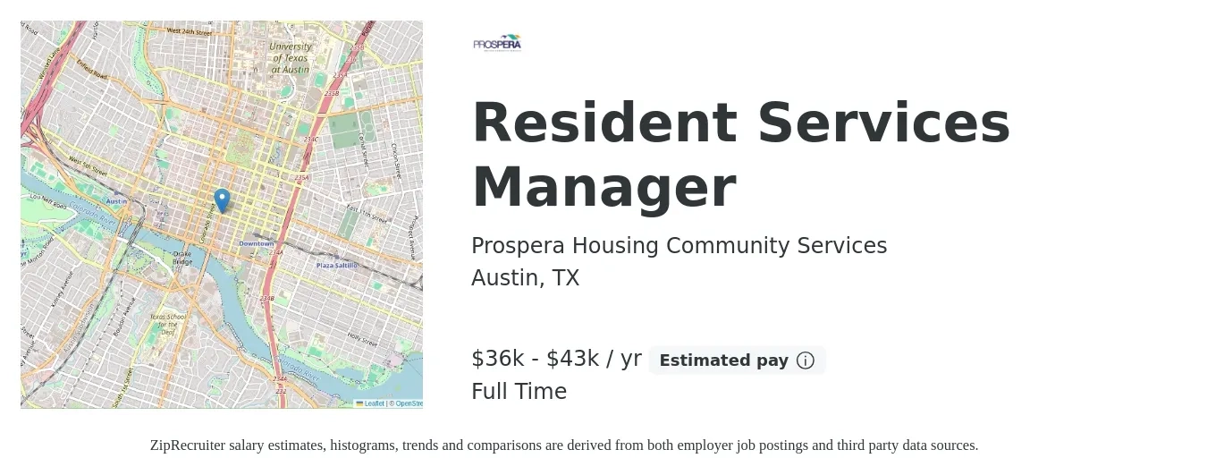 Prospera Housing Community Services job posting for a Resident Services Manager in Austin, TX with a salary of $36,600 to $43,000 Yearly with a map of Austin location.