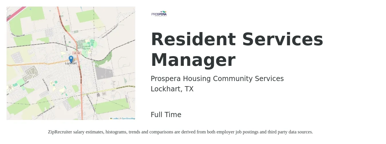 Prospera Housing Community Services job posting for a Resident Services Manager in Lockhart, TX with a salary of $42,300 to $68,500 Yearly with a map of Lockhart location.