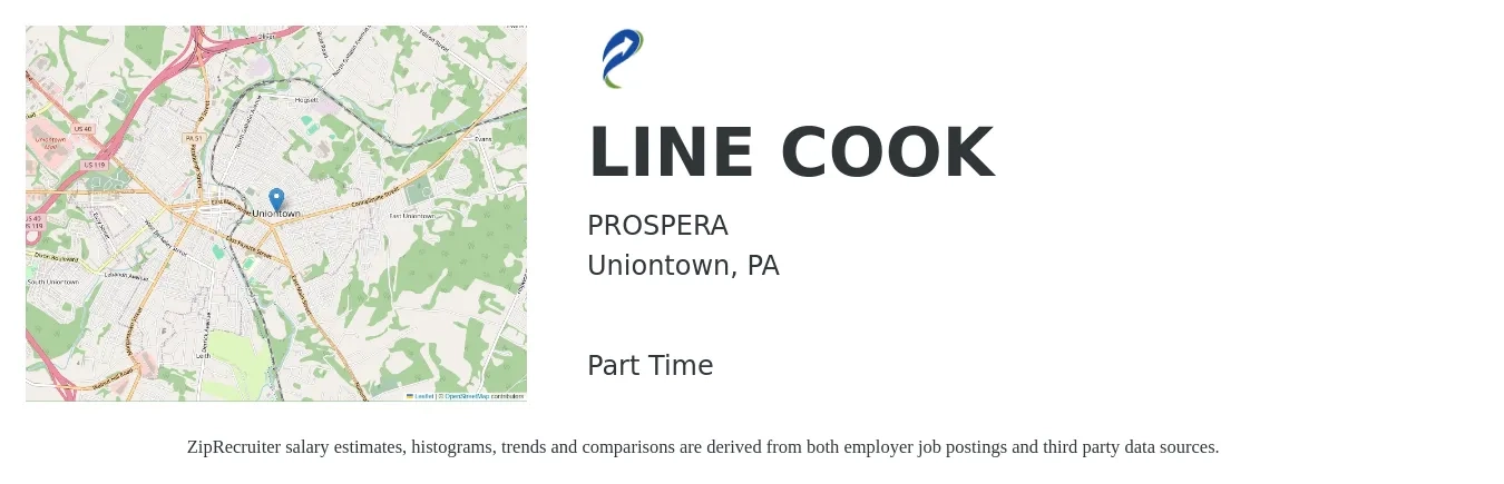 PROSPERA job posting for a Line Cook in Uniontown, PA with a salary of $15 to $18 Hourly with a map of Uniontown location.