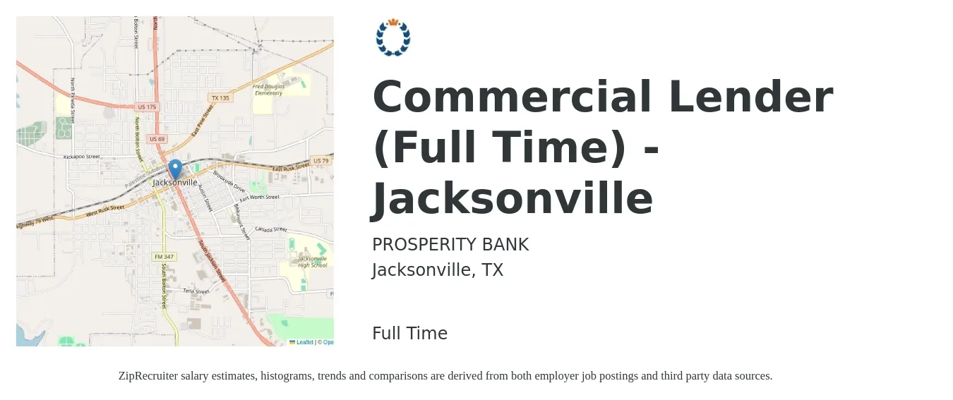 PROSPERITY BANK job posting for a Commercial Lender (Full Time) - Jacksonville in Jacksonville, TX with a salary of $73,800 to $124,400 Yearly with a map of Jacksonville location.