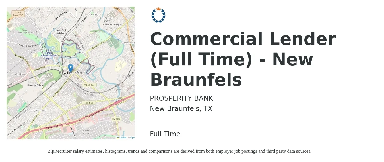 PROSPERITY BANK job posting for a Commercial Lender (Full Time) - New Braunfels in New Braunfels, TX with a salary of $75,200 to $126,700 Yearly with a map of New Braunfels location.