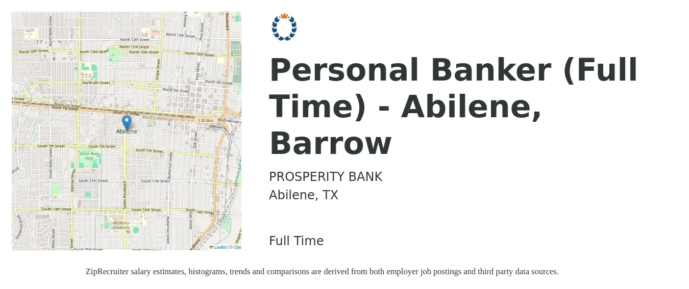 PROSPERITY BANK job posting for a Personal Banker (Full Time) - Abilene, Barrow in Abilene, TX with a salary of $19 to $23 Hourly with a map of Abilene location.