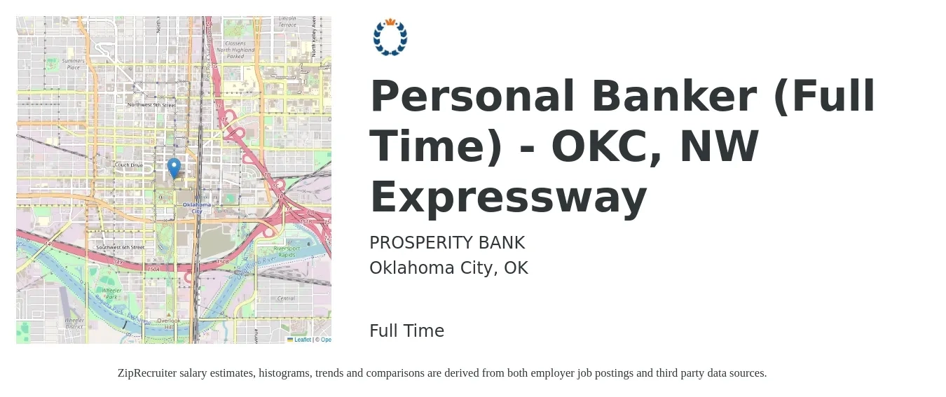 PROSPERITY BANK job posting for a Personal Banker (Full Time) - OKC, NW Expressway in Oklahoma City, OK with a salary of $18 to $22 Hourly with a map of Oklahoma City location.