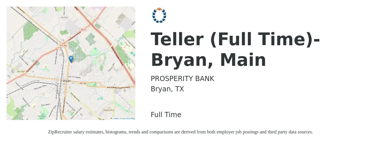PROSPERITY BANK job posting for a Teller (Full Time)- Bryan, Main in Bryan, TX with a salary of $14 to $17 Hourly with a map of Bryan location.