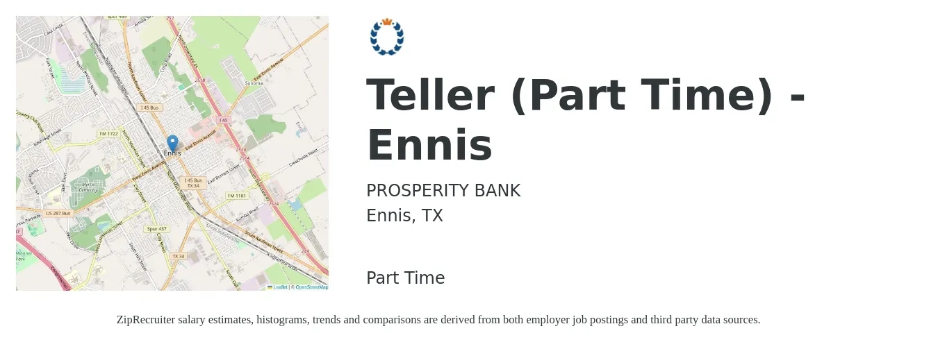 PROSPERITY BANK job posting for a Teller (Part Time) - Ennis in Ennis, TX with a salary of $15 to $18 Hourly with a map of Ennis location.