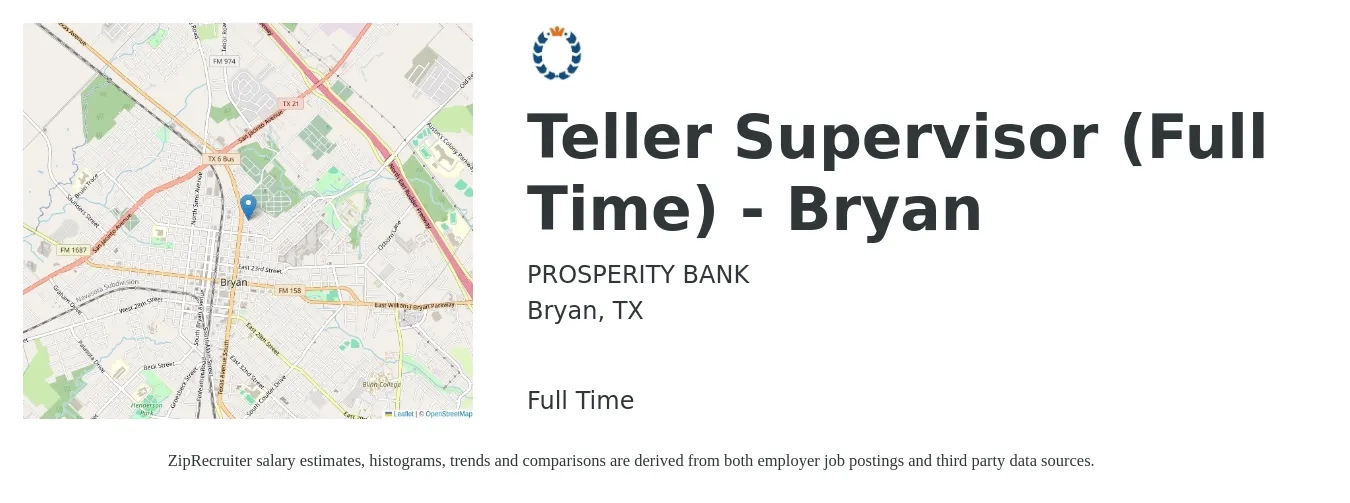 PROSPERITY BANK job posting for a Teller Supervisor (Full Time) - Bryan in Bryan, TX with a salary of $14 to $17 Hourly with a map of Bryan location.