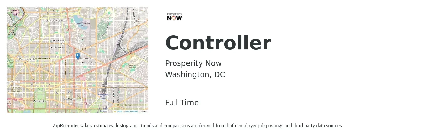 Prosperity Now job posting for a Controller in Washington, DC with a salary of $109,800 to $156,800 Yearly with a map of Washington location.