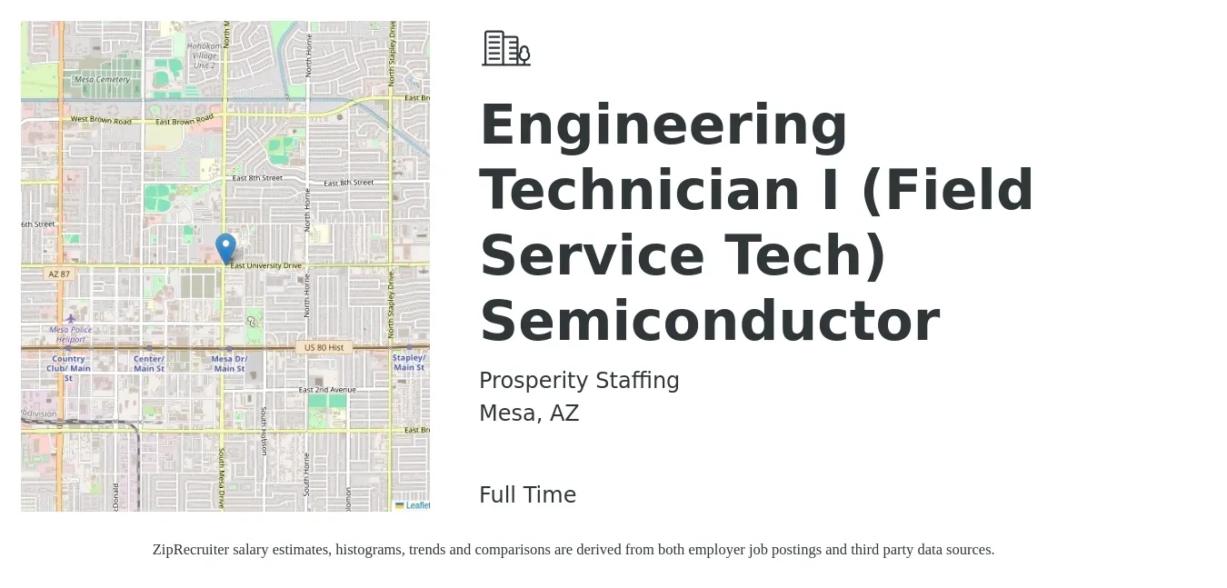 Prosperity Staffing job posting for a Engineering Technician I (Field Service Tech) Semiconductor in Mesa, AZ with a salary of $20 to $30 Hourly with a map of Mesa location.