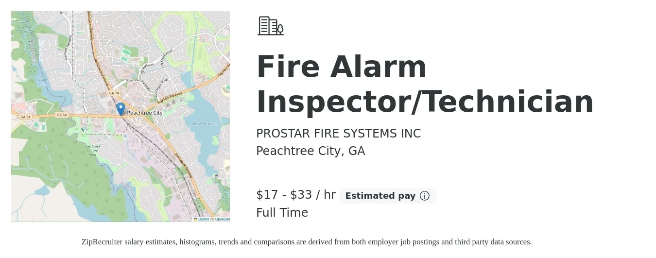 PROSTAR FIRE SYSTEMS INC job posting for a Fire Alarm Inspector/Technician in Peachtree City, GA with a salary of $18 to $35 Hourly with a map of Peachtree City location.