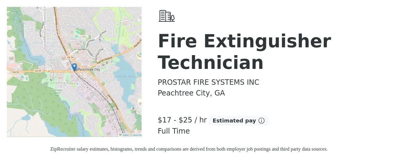 PROSTAR FIRE SYSTEMS INC job posting for a Fire Extinguisher Technician in Peachtree City, GA with a salary of $18 to $26 Hourly with a map of Peachtree City location.