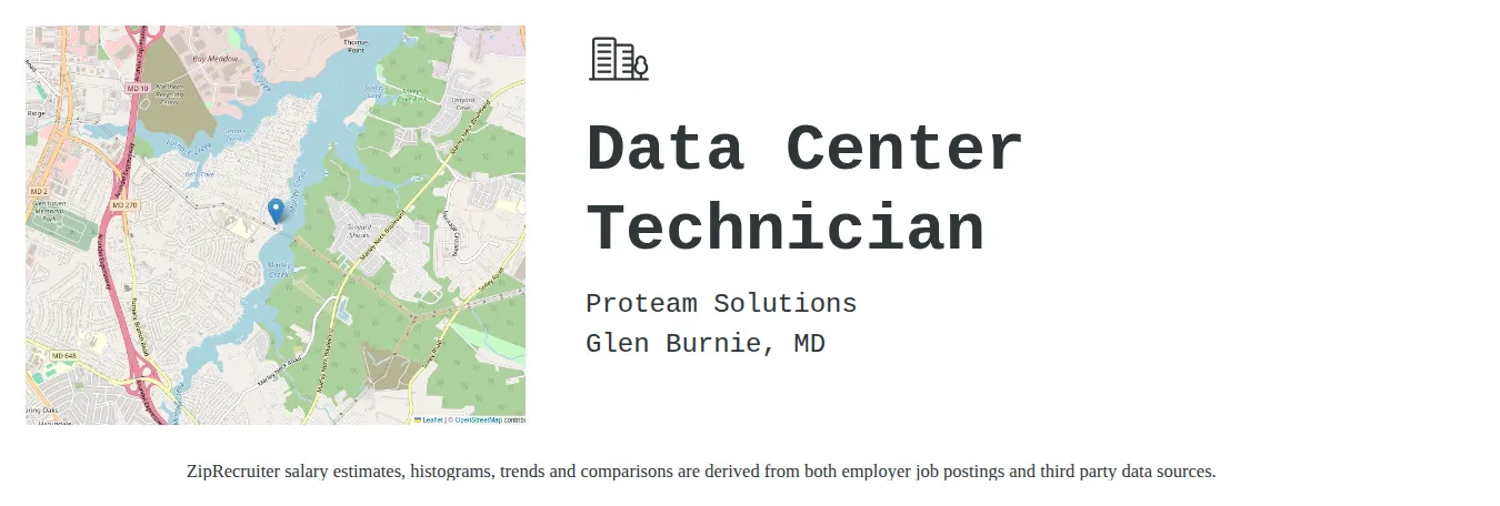 Proteam Solutions job posting for a Data Center Technician in Glen Burnie, MD with a salary of $21 to $30 Hourly with a map of Glen Burnie location.