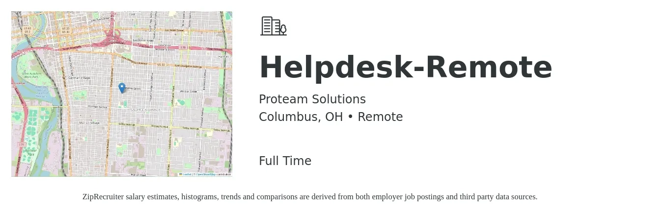 Proteam Solutions job posting for a Helpdesk-Remote in Columbus, OH with a salary of $19 to $26 Hourly with a map of Columbus location.
