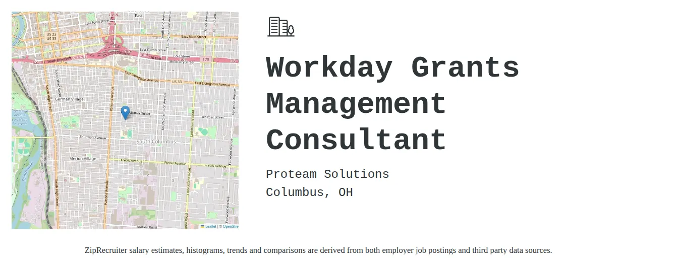 Proteam Solutions job posting for a Workday Grants Management Consultant in Columbus, OH with a salary of $56 to $70 Hourly with a map of Columbus location.